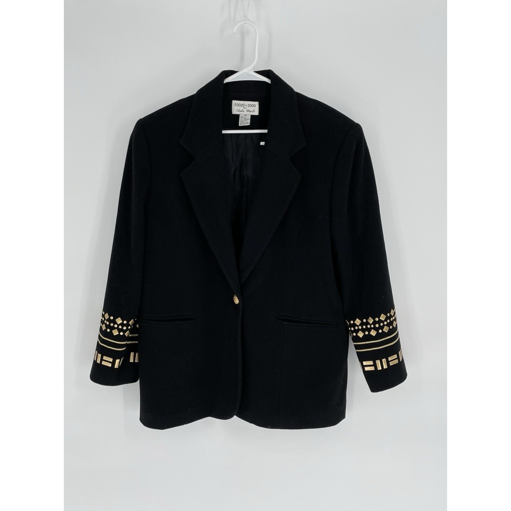Focus 2000 By Charles Glueck Women Size 18 Black Blazer Wool Cashmere Gold Stud